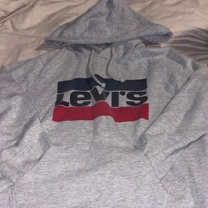 Levi's Gray Hoodie with Navy and Red Logo Stripes